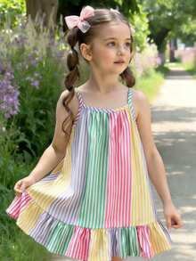 SHEIN Genkimix Kids 女童梭织面料彩色条纹数码印花荷叶边吊带连衣裙，适合夏季日常穿着、外出、旅行、度假、派对等场合，少女沙滩裙，女童粉彩夏季连衣裙，多色连衣裙 - 彩色 - 查看 7