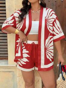SHEIN VCAY Setelan 2 Potong Kimono Cardigan dan Celana Pendek Longgar Motif Tropis untuk Wanita Ukuran Plus, Kasual untuk Liburan Musim Panas - Merah - View 5