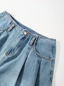 GlowEve Quần short denim xếp ly thời trang thường ngày có thắt lưng dành cho nữ, thích hợp cho mùa hè. - Rửa nhẹ - Xem 4