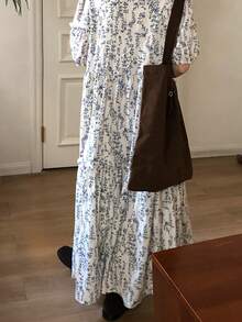 FRIFUL Women's Casual Floral Print Puff Sleeve Dress, Summer - Beige - View 2