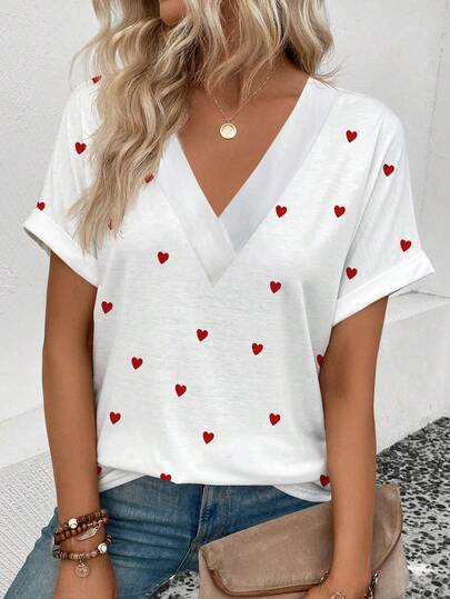 Women's New Arrival Spring/Summer Hot Selling V-Neck Heart Print Casual Versatile Short Sleeve T-Shirt