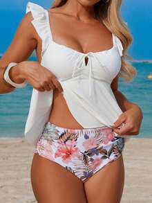 Swim Lushoire 女士荷叶边下摆纯色吊带背心式上衣搭配高腰热带印花褶皱泳裤两件套泳衣，休闲沙滩度假 - 彩色 - 查看 1
