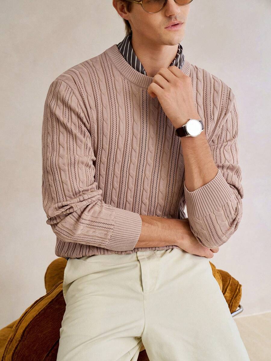 Manfinity CityGents Men's Solid Color Crew Neck Cable Business Casual Long Sleeve Sweater It Is Great For Couples And Makes An Excellent Gift Idea For Boyfriends Or Husbands Brands Bruno Mars Cashmere Men S Clothing Knitted Shirts For Men Men's Textured Shirt Beige Shirt For Men Apricot Men Outfit Cashmere Men's Clothing - Multicolor - View 1