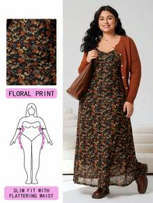 Solflare 2026春夏枫叶花卉印花长款连衣裙，弹力网纱面料，细肩带，适合休闲、派对、约会、生日、音乐节、婚礼等场合，大码尺码 - 彩色 - 查看 7