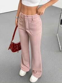 SHEIN Tall 1pc Women's Pink Sweet Commuting & Back To School Knitted Elastic Fabric Low Waist Pocket Slim Fit Flared Leg Casual Pants - Pink - View 5