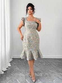 Elenzga 大码女士优雅复古提花方领修身中长连衣裙，泡泡袖，春夏款 - 彩色 - 查看 4