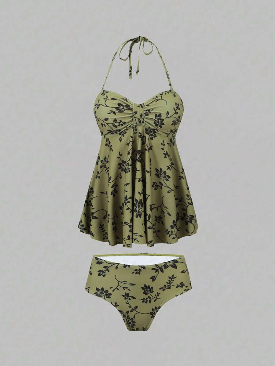 Sweetra 大码露背碎花复古简约女士吊带泳衣套装 - 綠色 - 查看 1