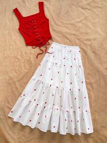 Soleia Women's Square Neck Tie-Up Camisole And Heart Print Layered Ruffle Hem Mini Skirt Casual Vacation 2-Piece Set Red Top White Skirt  Casual Vacation Outfits Women Beach Summer Outfits Valentine's Day