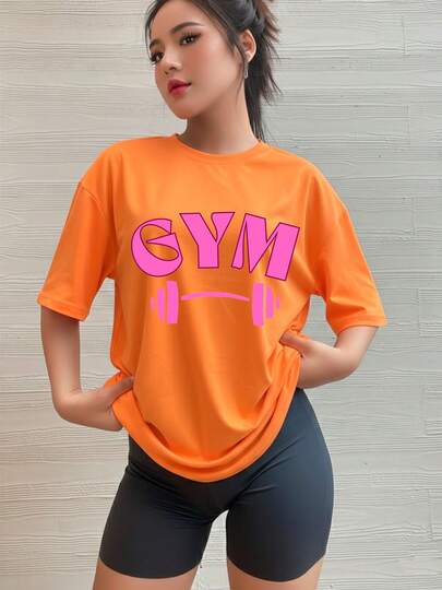 Mujer camiseta deportiva casual oversize tejido transpirable estampado GYM cuello redondo manga corta para entrenamiento y gimnasio