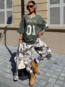 Muchica Women's Letter & Number Print Casual Street Style Short Sleeve T-Shirt, Everyday Wear Green Graphic Shirt Green Jersey - Army Green - View 6