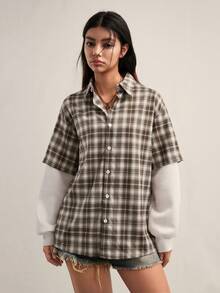 Easelle 女士休闲格子二合一单排扣宽松衬衫 - 卡其色 - 查看 7
