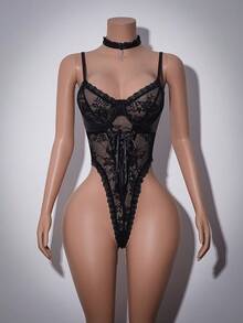 2件套浪漫蕾丝PU镂空性感女士内衣套装 - 黑色 - 查看 6