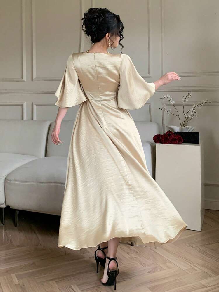 Women's Elegant Solid Color Twist Ruffle Hem Dress, Summer Spring Wedding Guest Dress Maxi Dress Sundress