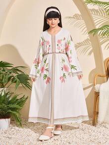 1pc Girls' Elegant Modest White And Pink Dress With Middle Eastern Details - White - View 2