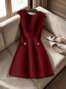 GlowEve CURVE Plus Size Elegant Button Decor Sleeveless Dress, Summer - Burgundy - View 1