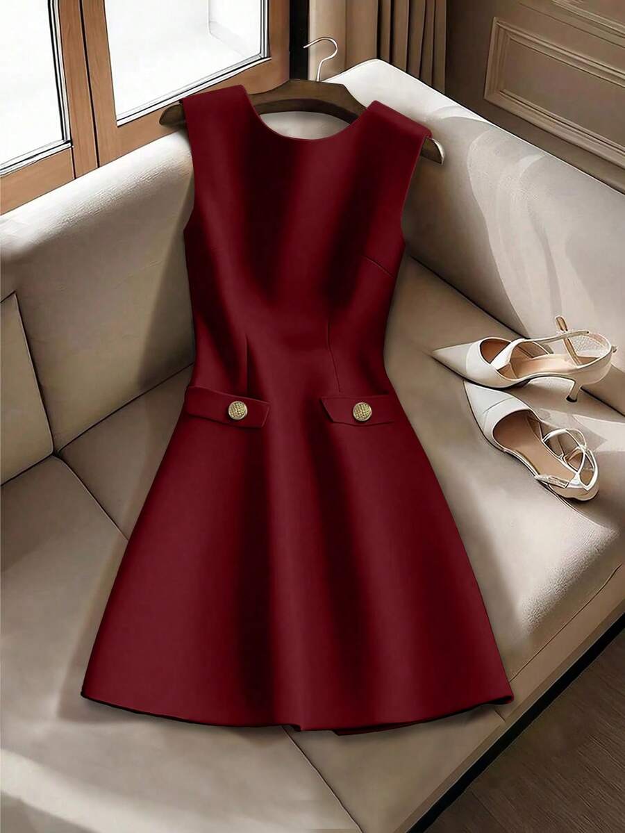GlowEve CURVE Plus Size Elegant Button Decor Sleeveless Dress, Summer - Burgundy - View 1