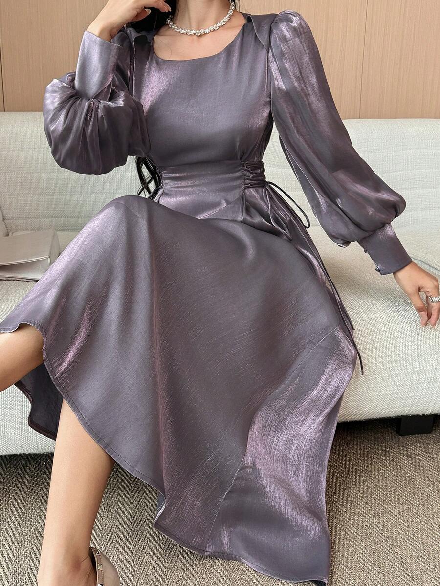 DAZY Đầm dài ngang gối tay phồng màu trơn thanh lịch dành cho nữ, thích hợp cho mùa thu/đông dự tiệc cưới. - Màu tím - Xem 1