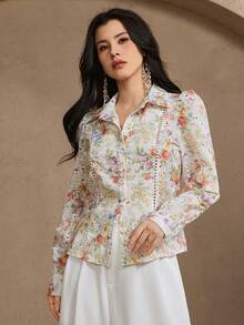 DAZY Damen elegante Bluse mit Blumenmuster und Puffärmeln, Frühling - Aprikosenfarben - Übersicht 3