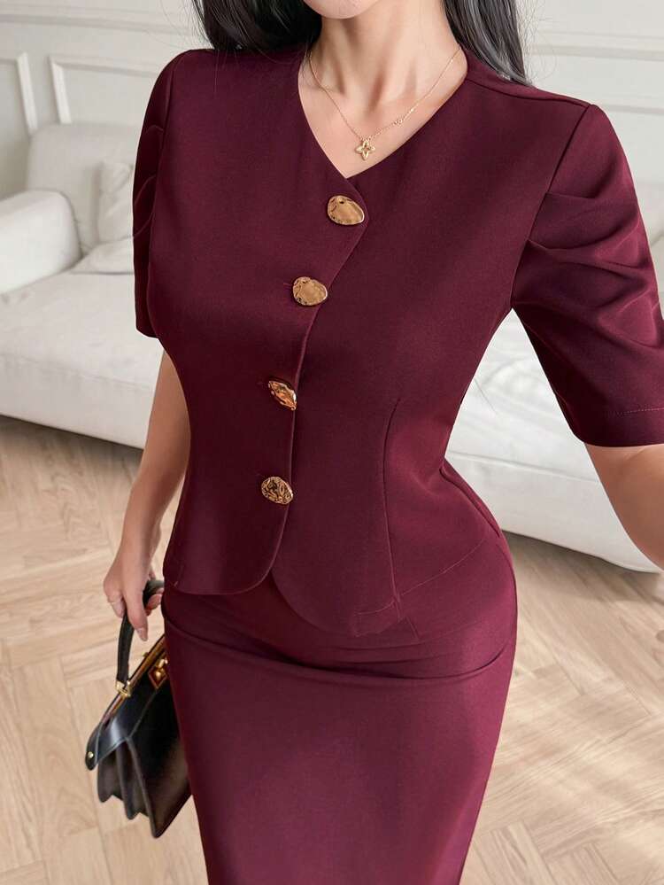 Women's Elegant Solid Color Round Neck Puff Sleeve Shirt And Straight Skirt 2 Pieces Set, Spring/Summer,Wedding Guest Dress Women