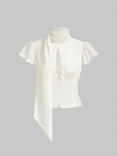 ROMWE Blusa transparente ajustada con diseño de escote en V profundo y cuello estilo chino minimalista y sexy