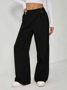 SHEIN EZwear Plus Size Women Metal Double Button Straight Leg Casual Office Pants, Autumn/Winter - Black - View 6