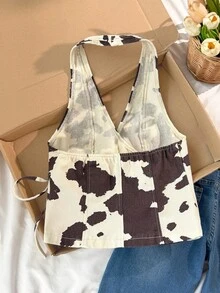 Comfortcana 女士性感西部度假风奶牛纹裹身系带露背牛仔露脐上衣夏季上衣春季女士嘉年华服装女士嘉年华服装海滩派对上衣女士度假夏季假期女士休闲上衣女士休闲牛仔露背系带露背上衣夏季休闲装 - 摩卡棕 - 查看 2