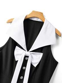 GlowEve CURVE New Arrival Women Plus Size Retro Style A Line Midi Dress Woven Fabric Colorblock Design Collar Sleeveless - Black and White - View 3