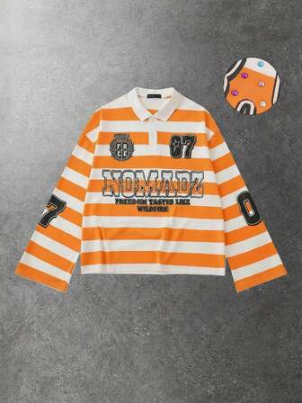 Men's Sparkling Diamond Striped Letter Print Long Sleeve Polo Shirt