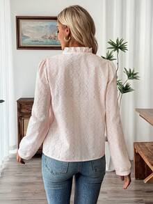 SHEIN LUNE Women's Hollow Embroidery Puff Sleeve Single-Breasted Casual Shirt - Pink - View 2
