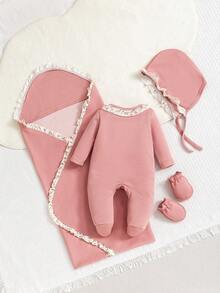 SHEIN 女婴 4 件套 粉色系列秋季双面提花包脚连体衣 带帽子、手套和礼品套装 - 彩色 - 查看 2