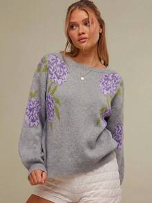 WESTFADE Suéter de punto de manga larga con cuello de barco y estampado floral jacquard de estilo vaquero occidental de primavera - Gris - Ver 3