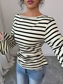 Elenzga Women's Autumn/Winter Loose Collar Flare Sleeve Pleated Ribbed Ribbed Top - Multicolor - View 3