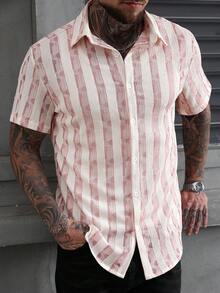 Manfinity CasualCool 男士条纹短袖单排扣休闲衬衫 - 粉色 - 查看 4
