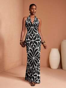 JIAN LASALA All-Over Print Mesh Halter Neck Tie Drape Neck Backless Bodycon Women Maxi Dress - Black and White - View 7