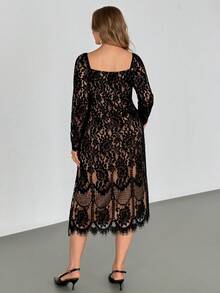 Auralis Plus Size Women's Lace Contrast Square Neck Long Sleeve Floral Dress,Elegant,Formal,Wedding Guest,Beige,Autumn,Eyelash Trim Fitted Waist Midi Dress - Multicolor - View 4