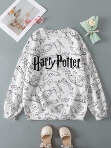 HARRY POTTER X SHEIN Áo nỉ cổ tròn in hình cú và chữ dành cho bé gái tuổi teen, kiểu dáng thường ngày, thích hợp cho mùa thu. - trắng - Xem 1