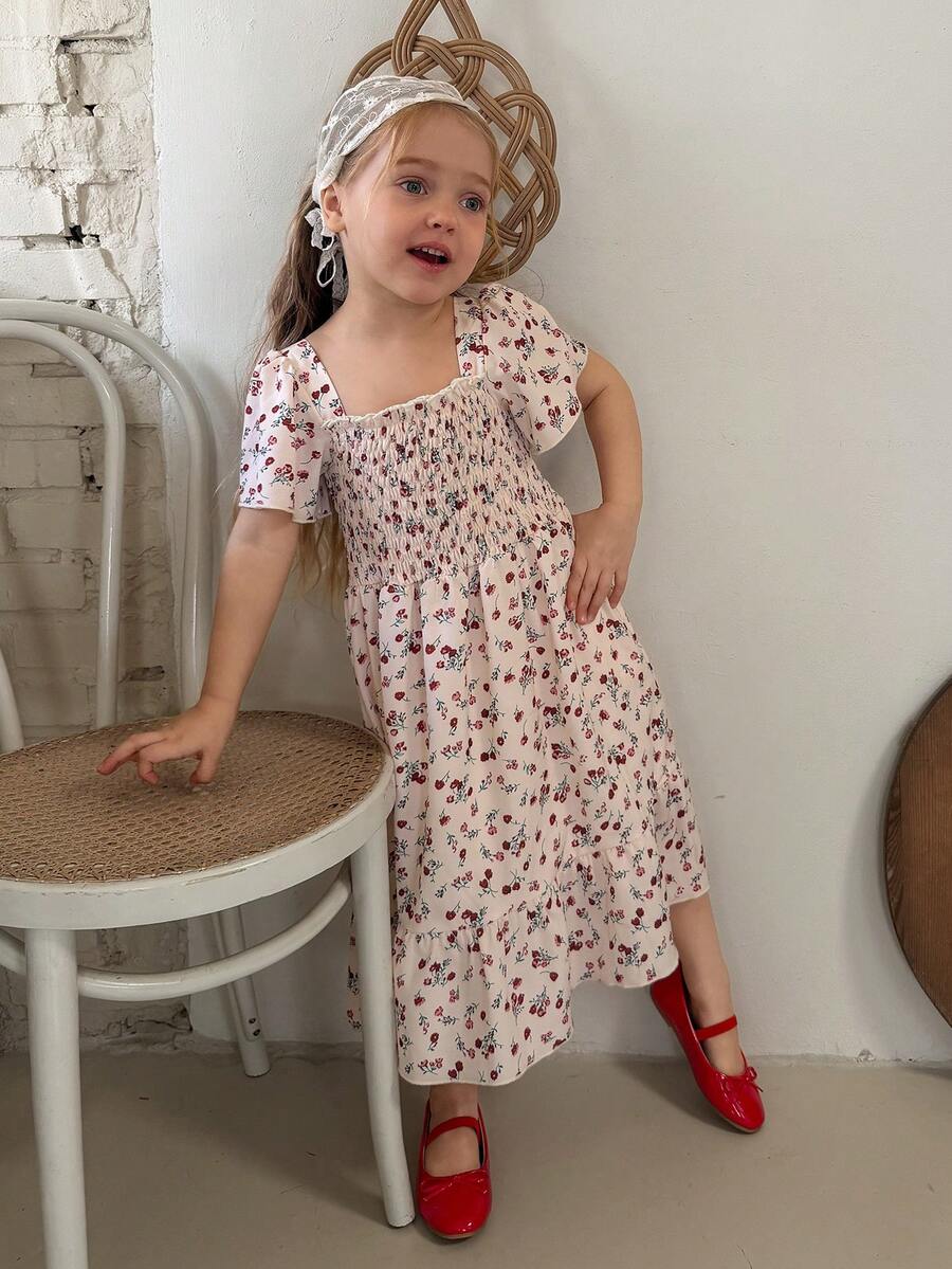 DAZY فستان صيفي كوري من الشيفون مطبوع بنقشة زهور كاملة للفتيات (صغير) - لون مشمشي - مشاهدة 1