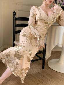 DAZY Women's Elegant Floral Sequin V-Neck Flare Sleeve Dress, Spring/Summer Wedding Guest Dress Sundress - Apricot - View 5