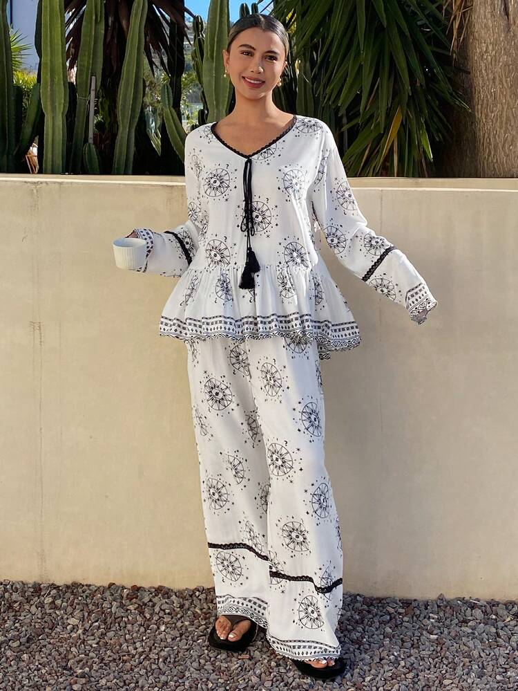 2pcs Women Sleepwear Set: Loose Lace Patchwork Ruffle Hem Long Sleeve Cardigan And Pants