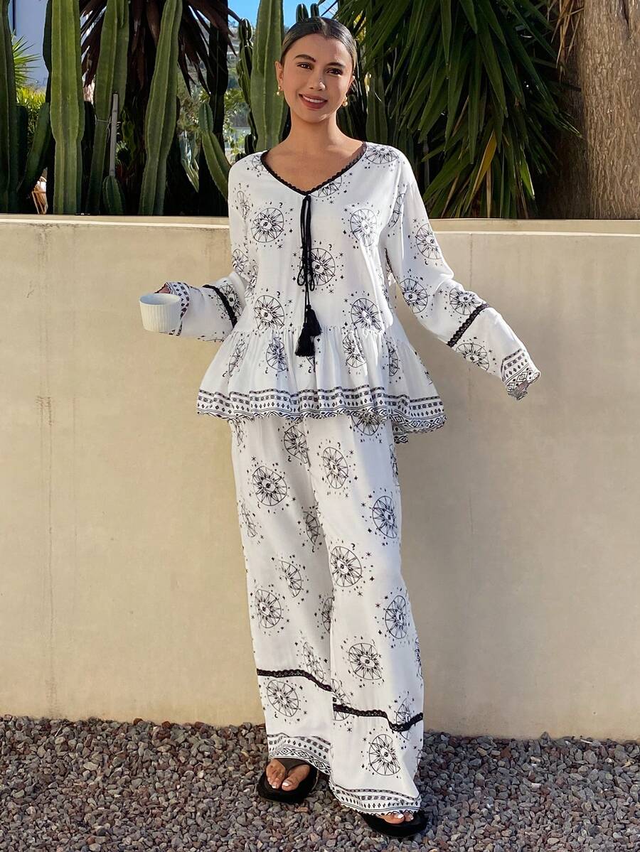 DAZY 女士睡衣两件套：宽松蕾丝拼接荷叶边长袖开衫和长裤 - 白色 - 查看 1