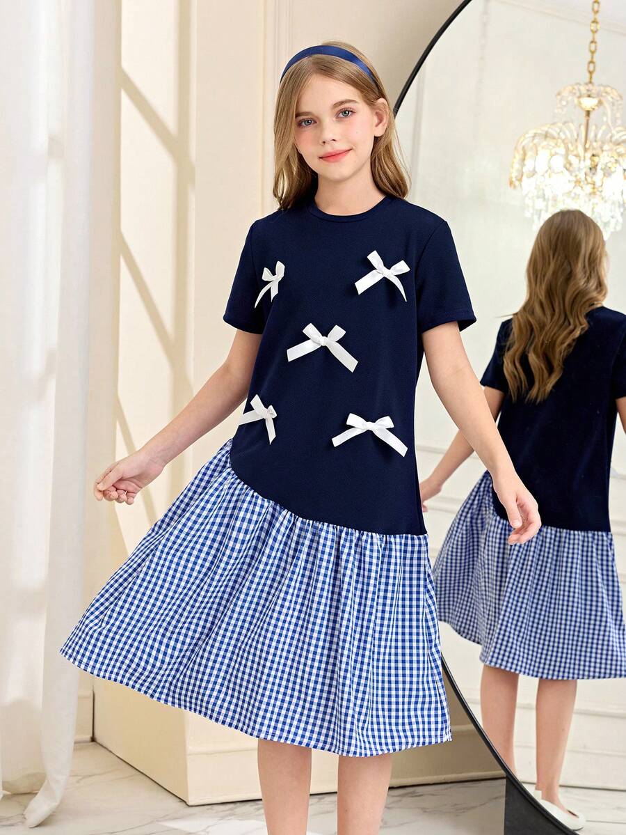 Girls' Bowknot Patchwork Blue & Plaid Short Sleeve A-Line Dress, Ideal For Daily Casual, Commuting, Parties, Vacations, Showcasing Elegant And Charming Girlish Qualities - Blue - View 1