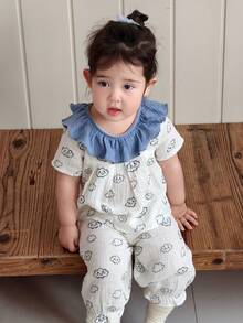 DAZY 2pcs Baby Girls Cartoon Print Ruffle Trim Top And Casual Pants Set, Comfortable Korean Style Loungewear Toddler Girls Clothes - Beige - View 6