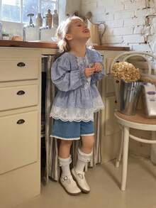 DAZY Young Girl' Ruffle Trim Patchwork Korean Style Denim Shorts, Spring/Summer - Baby Blue - View 5
