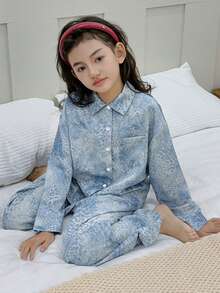 DAZY Conjunto de camisa de manga larga con botones y pantalones con estampado completo para niña preadolescente - Azul - Ver 6