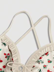 SHEIN MOD 荷叶边拼布前系带草莓印花撞色连体泳衣 - 米色 - 查看 3