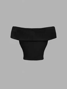 SHEIN MOD 1件/套 女士纯色露肩扭结前襟上衣，春季，多件装，情人节，女士情人节服装，狂欢节，无肩带上衣，70年代，复古，怀旧 - 彩色 - 查看 6