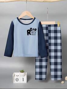 1set Young BoySpring/Autumn Cartoon Lion Print Long Sleeve Top And Pants Pajama Set
