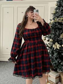CovetEZ 加大码圣诞格子蓝红方格连衣裙 - 紅色 - 查看 6