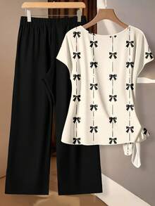 SHEIN Clasi 2pcs Women's Casual Minimalist Beige Shirt With Black Bow Print & Loose Black Pants Set, Spring Summer, Vacation, Valentine's Day, Country Style, Daytime, Garden, Walking - Multicolor - View 7