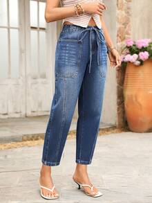 Breezaya Women's Casual Vacation Style Drawstring Multi-Pocket Design Denim Cropped Pants - Medium Wash - View 3